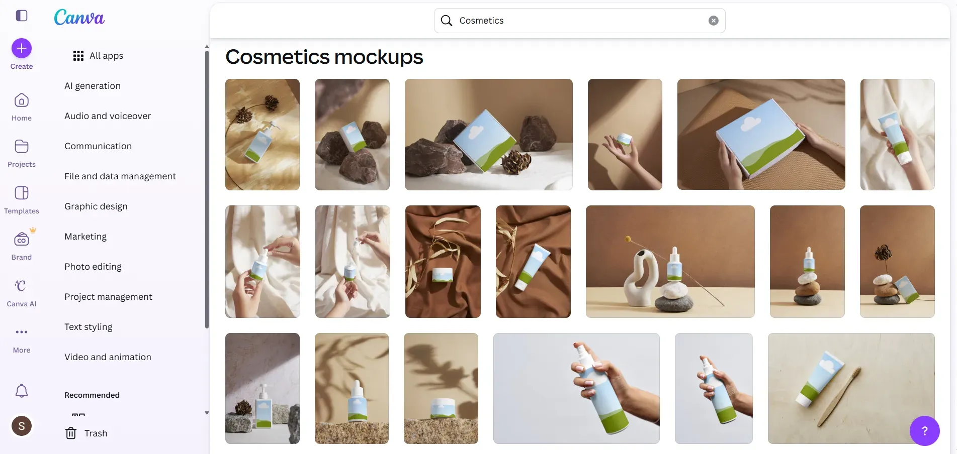 Canva page showing cosmetic product mockup templates.